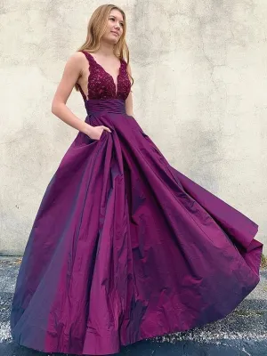 V Neck Open Back Purple Lace Long Prom with Pockets, V Neck Purple Lace Formal, Lace Purple Evening