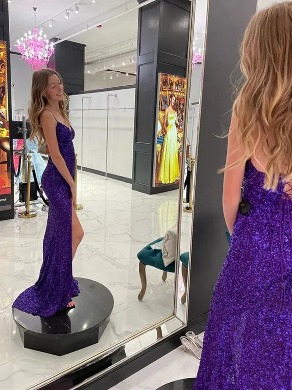 V Neck Open Back Purple Sequins Long Prom Dresses, High Slit Purple Formal Graduation Evening Dresses