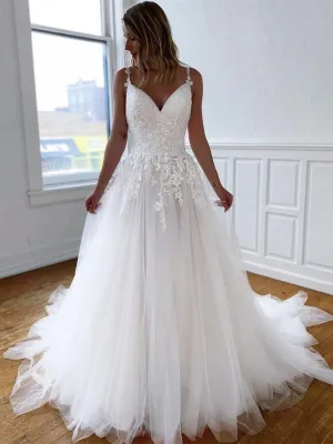V Neck Open Back White Lace Long Prom Dresses, White Lace Wedding Dresses, White Formal Evening Dresses