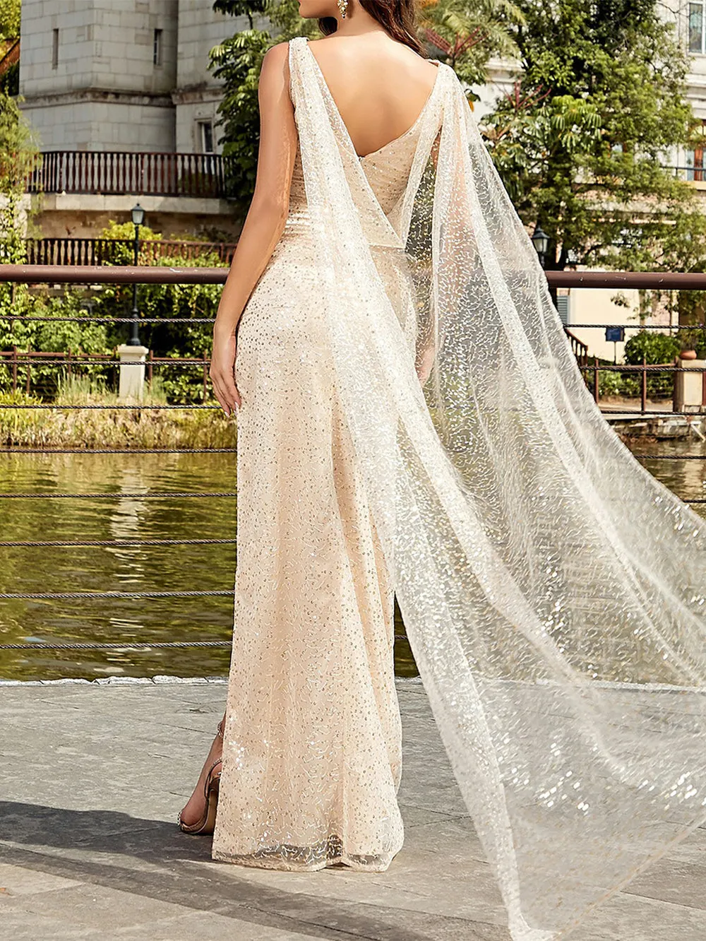 V Neck Sleeveless Sequins Maxi Bodycon Dress HB100092