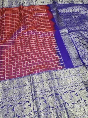 Venkatagiri pattu saree with blouse in Red and Blue