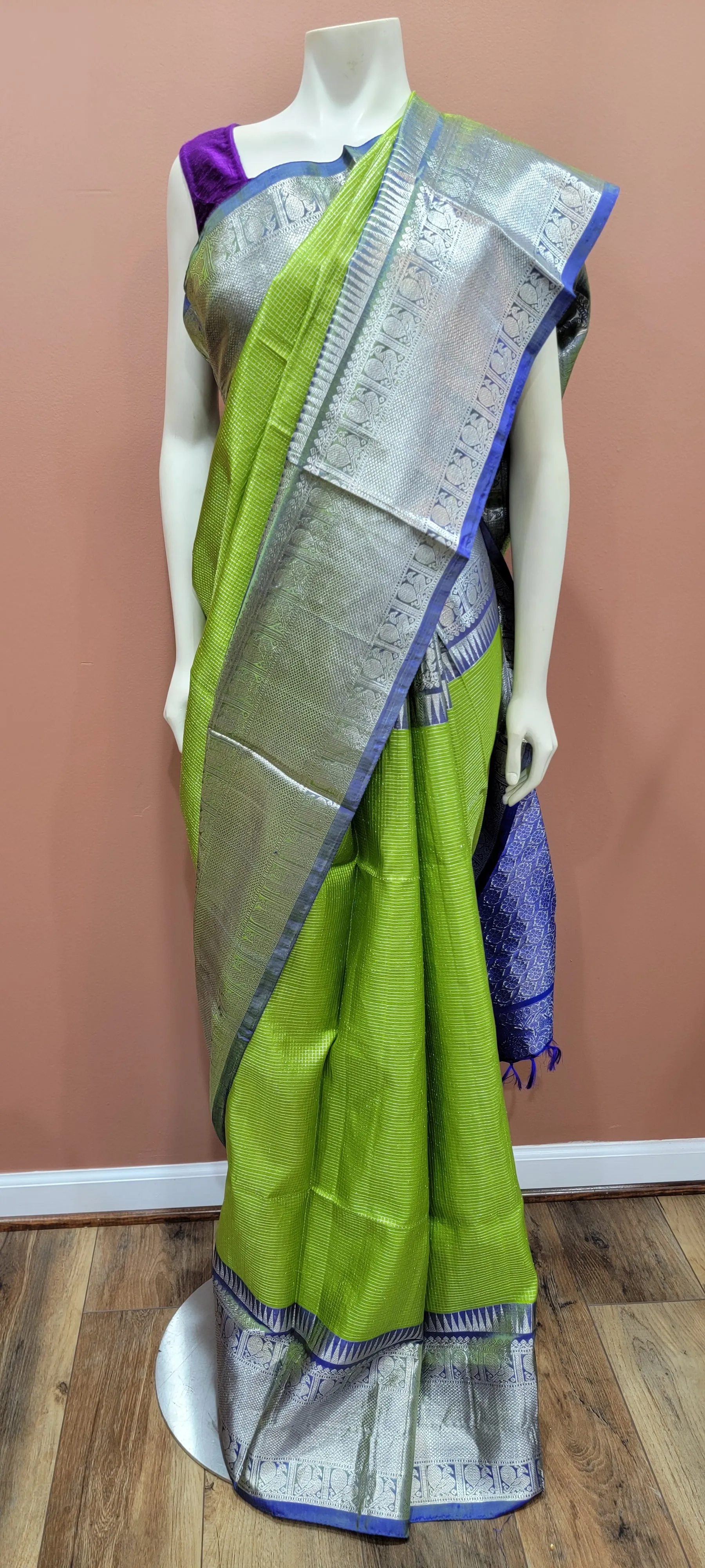Venkatagiri Silk Saree in Green and Blue w/ Custom Blouse