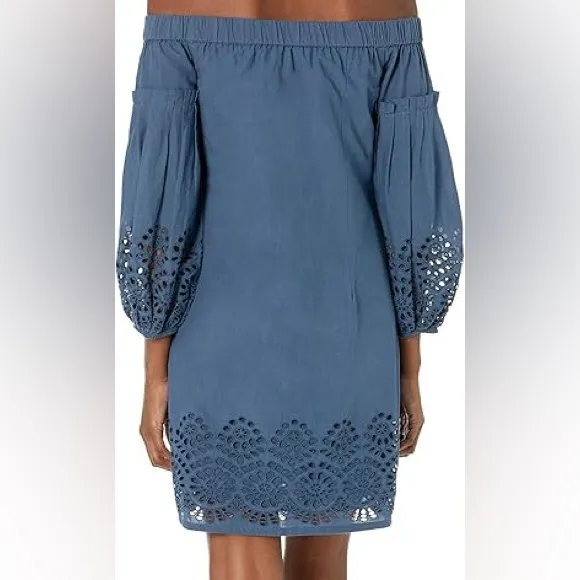 Vince Camino Blue COTTON EYELET OFF THE SHOULDER BALLOON SLEEVE SHIFT DRESS 10