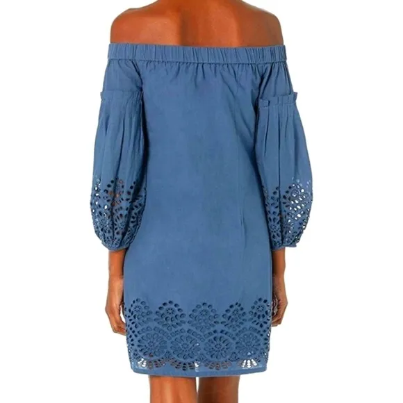 Vince Camino Blue COTTON EYELET OFF THE SHOULDER BALLOON SLEEVE SHIFT DRESS 10