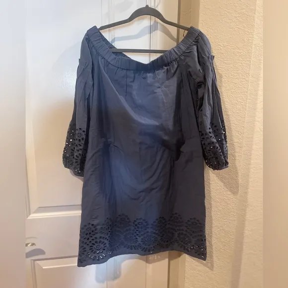 Vince Camino Blue COTTON EYELET OFF THE SHOULDER BALLOON SLEEVE SHIFT DRESS 10