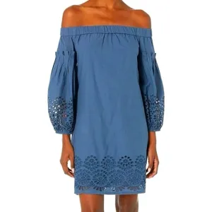 Vince Camino Blue COTTON EYELET OFF THE SHOULDER BALLOON SLEEVE SHIFT DRESS 10