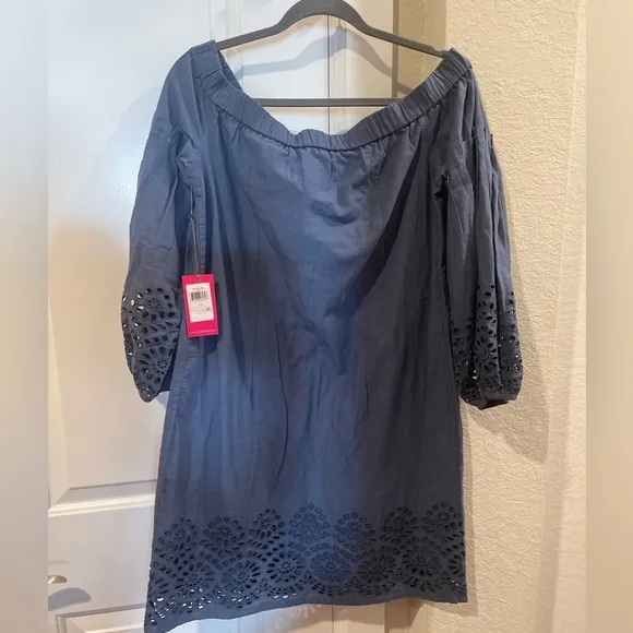 Vince Camino Blue COTTON EYELET OFF THE SHOULDER BALLOON SLEEVE SHIFT DRESS 10