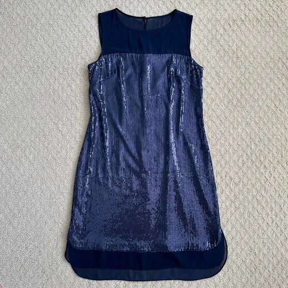 Vince Camuto Sequined Sleeveless Shift Dress Navy Blue Size 2