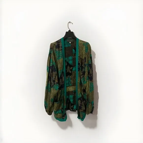 Vintage Bonnie Boynton Green Purple 3Piece Skirt Suit Floral Print Tunic Tie 80s