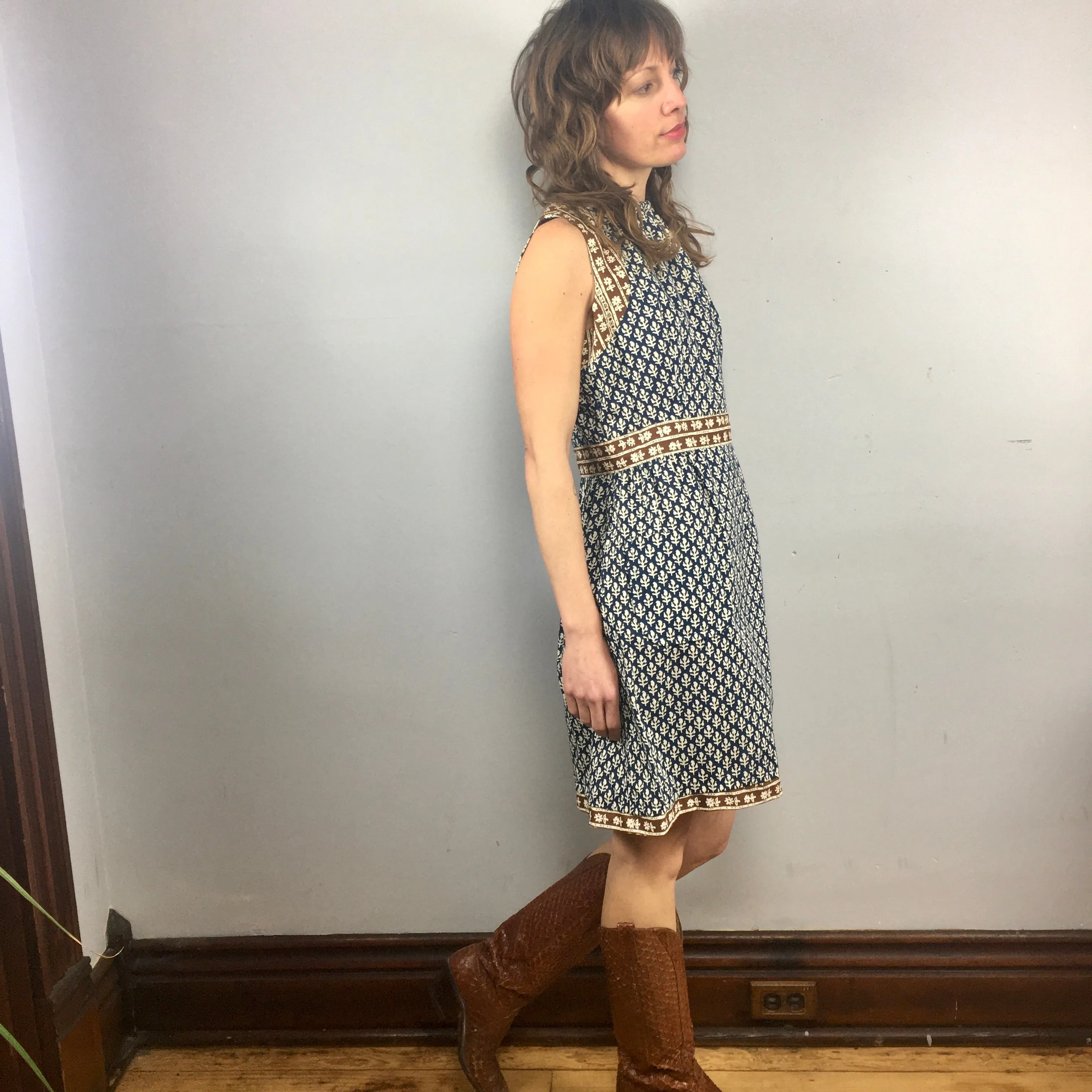 Vintage Handmade Floral Block Print sleeveless smock dress