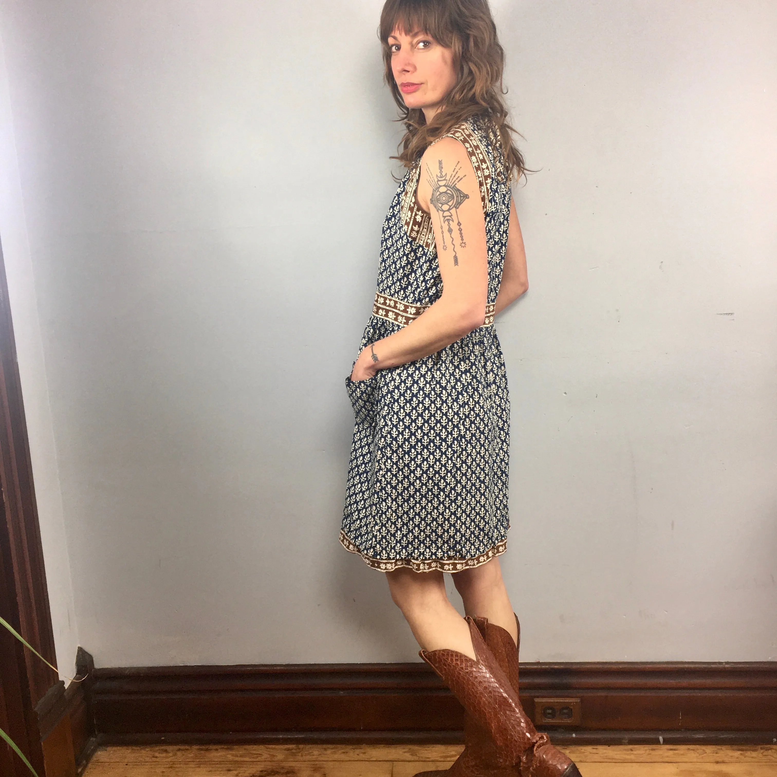 Vintage Handmade Floral Block Print sleeveless smock dress