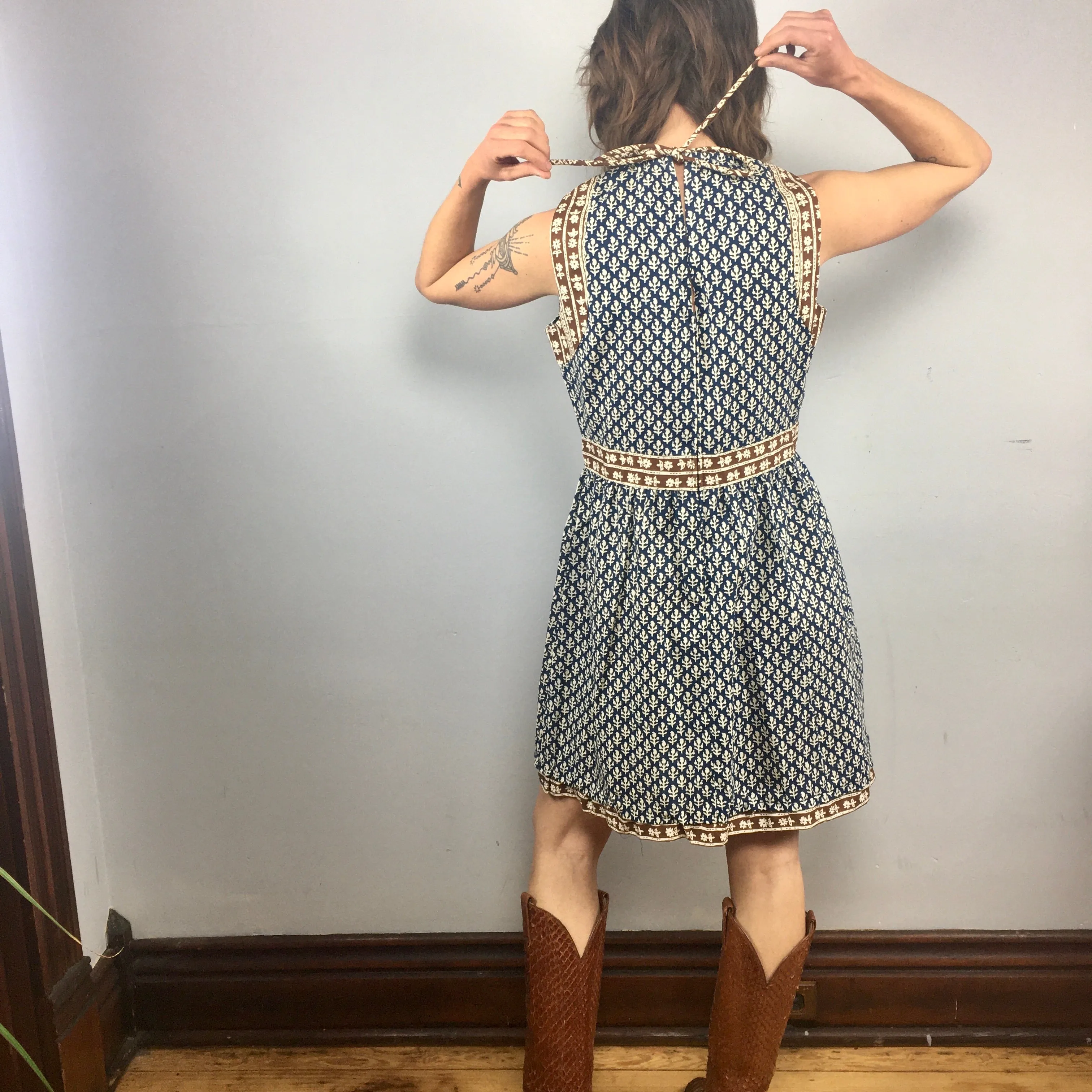 Vintage Handmade Floral Block Print sleeveless smock dress