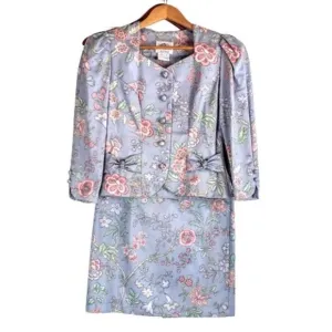 Vintage Lanz Blue Floral 100% Cotton Skirt Suit