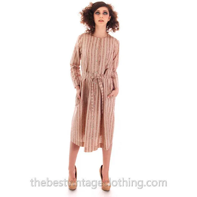 Vintage Marimekko Dress 1970s  Womens S 34/6 Shift Dress Pink & Cream Mini Print Stripe