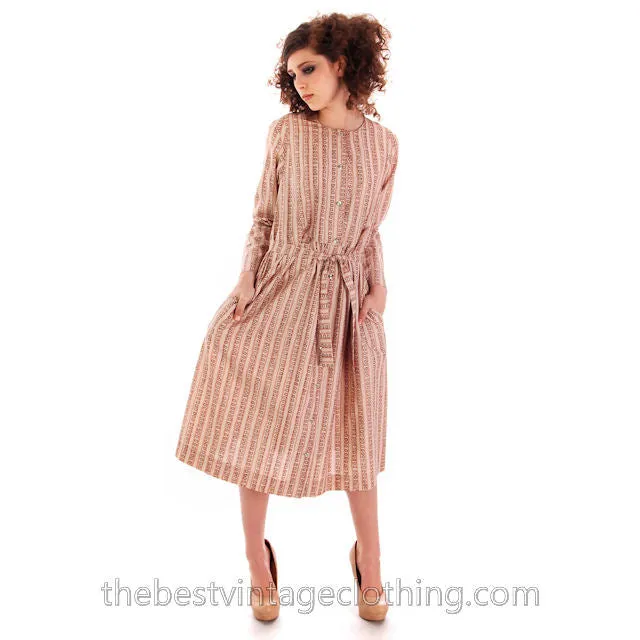 Vintage Marimekko Dress 1970s  Womens S 34/6 Shift Dress Pink & Cream Mini Print Stripe