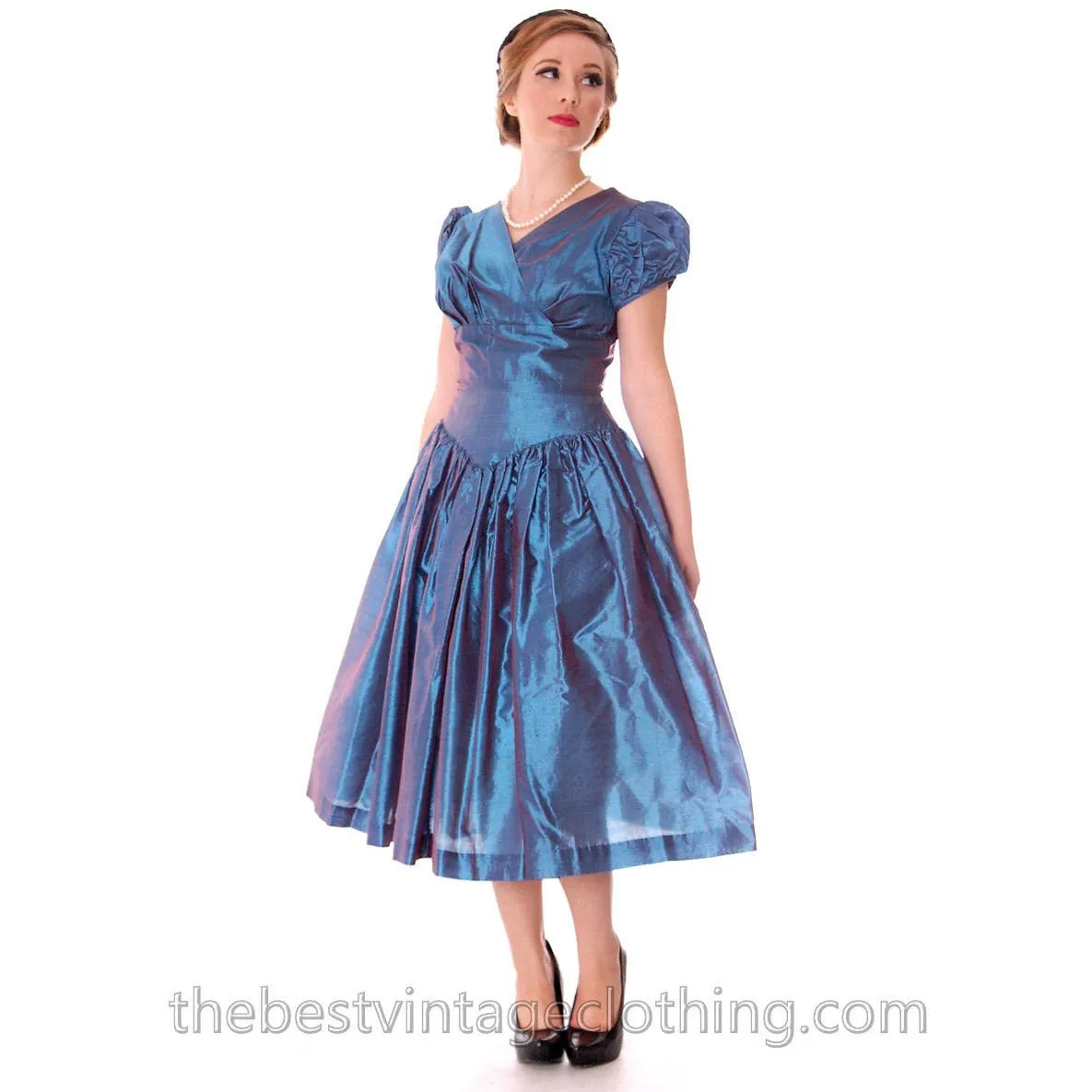 Vintage Party Dress Changeable Iridescent Blue Taffeta Full Skirt Ultra 1950s 32-24-Free