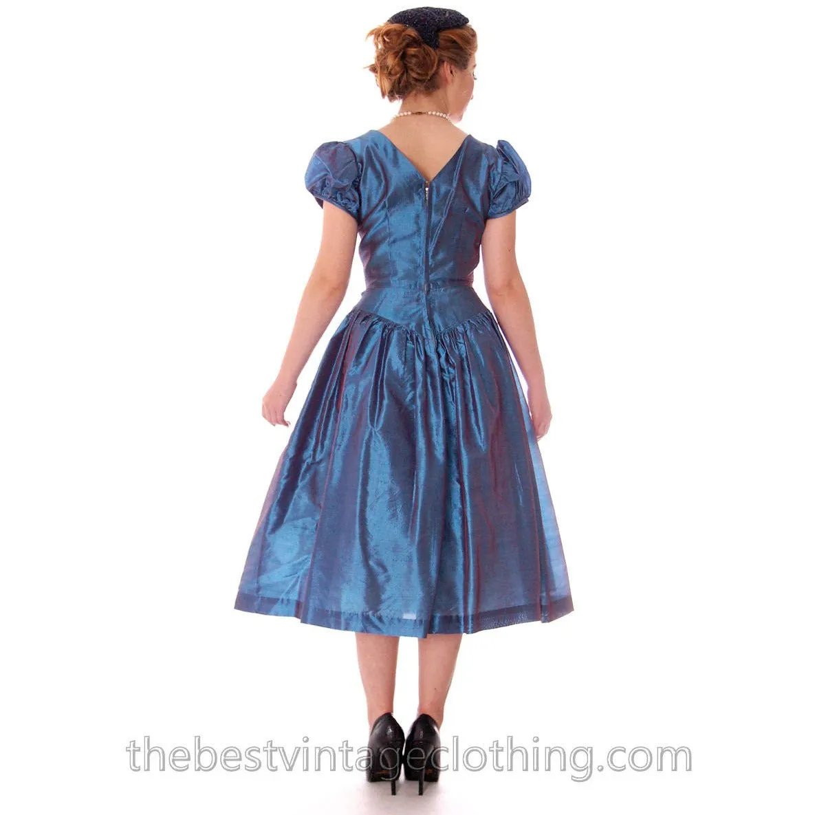 Vintage Party Dress Changeable Iridescent Blue Taffeta Full Skirt Ultra 1950s 32-24-Free