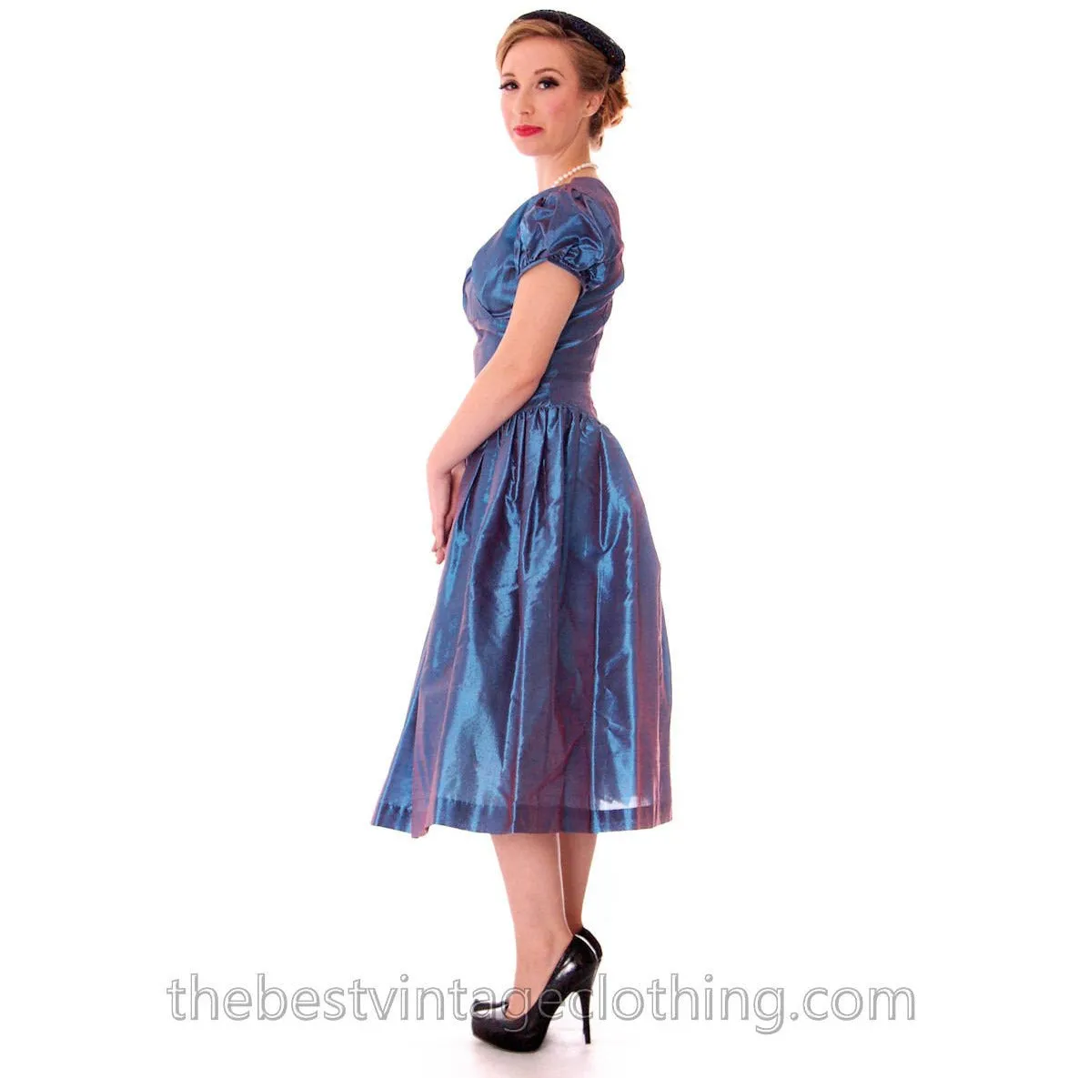 Vintage Party Dress Changeable Iridescent Blue Taffeta Full Skirt Ultra 1950s 32-24-Free