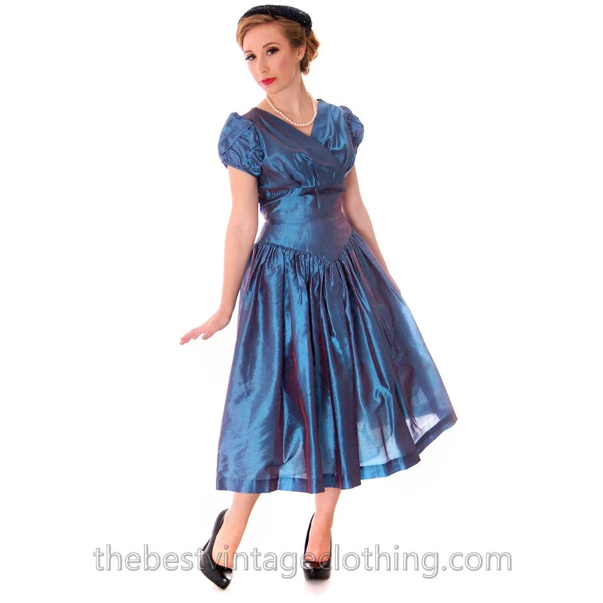 Vintage Party Dress Changeable Iridescent Blue Taffeta Full Skirt Ultra 1950s 32-24-Free
