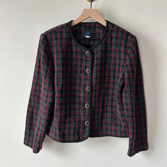 Vintage Red, Black &amp; Green Plaid Boucle Tweed 2 Pc Skirt Suit Sz12 By: Panthers
