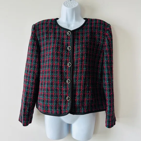Vintage Red, Black &amp; Green Plaid Boucle Tweed 2 Pc Skirt Suit Sz12 By: Panthers