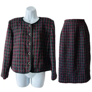 Vintage Red, Black &amp; Green Plaid Boucle Tweed 2 Pc Skirt Suit Sz12 By: Panthers