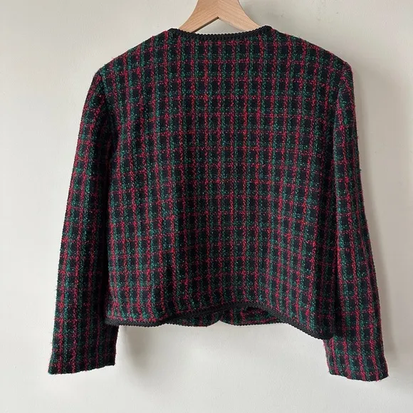 Vintage Red, Black &amp; Green Plaid Boucle Tweed 2 Pc Skirt Suit Sz12 By: Panthers