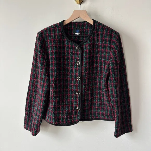 Vintage Red, Black &amp; Green Plaid Boucle Tweed 2 Pc Skirt Suit Sz12 By: Panthers