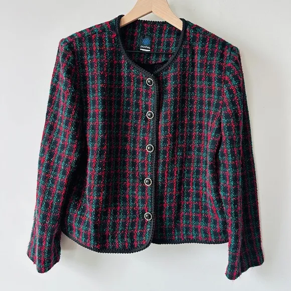 Vintage Red, Black &amp; Green Plaid Boucle Tweed 2 Pc Skirt Suit Sz12 By: Panthers