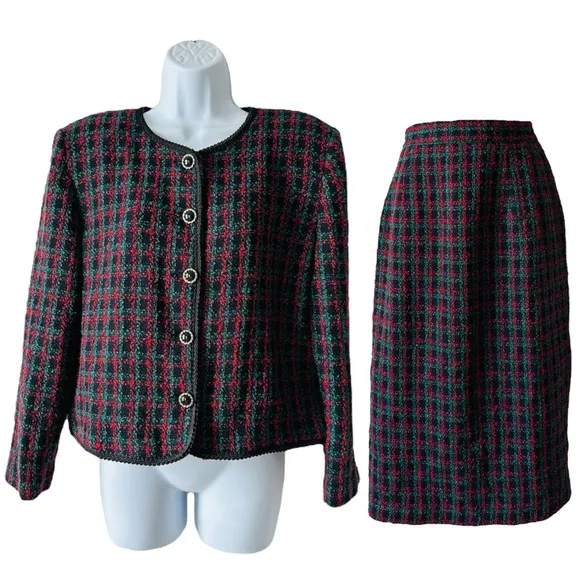 Vintage Red, Black &amp; Green Plaid Boucle Tweed 2 Pc Skirt Suit Sz12 By: Panthers