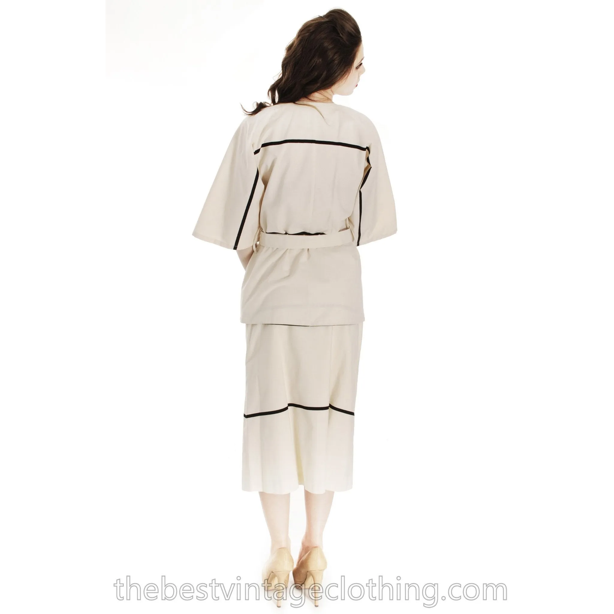 Vintage Vuokko Designer Suit Skirt & Top 1970s Natural Cotton w/ Black Lines S-M