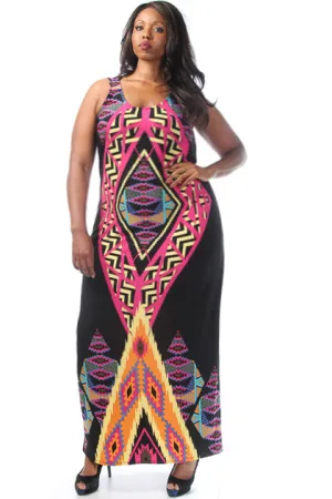Vivid Tribal Print Plus Size Maxi Dress