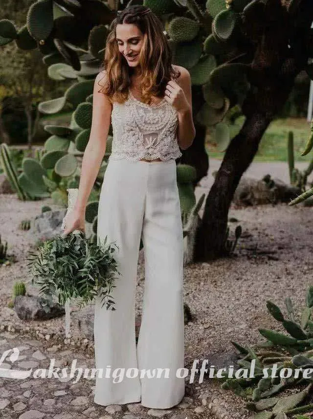 Wedding Jumpsuit Two Pieces Lace Bodice A Line