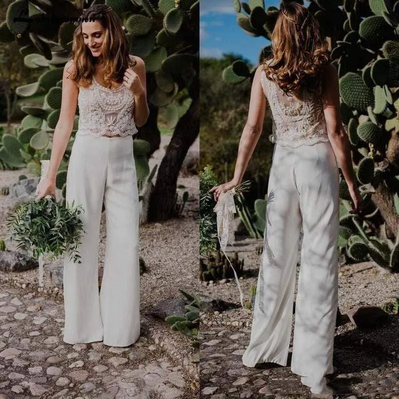 Wedding Jumpsuit Two Pieces Lace Bodice A Line