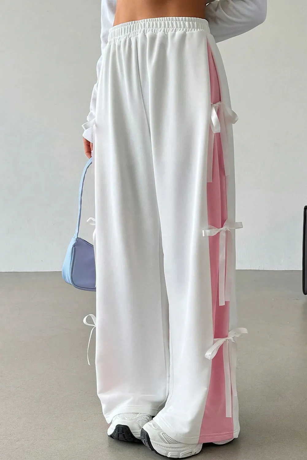 White Elastic Waist Colorblock Patchwork Side Bowtie Wide Leg Pants