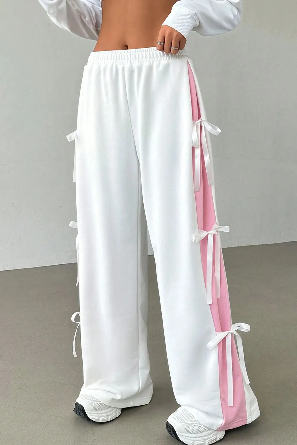 White Elastic Waist Colorblock Patchwork Side Bowtie Wide Leg Pants