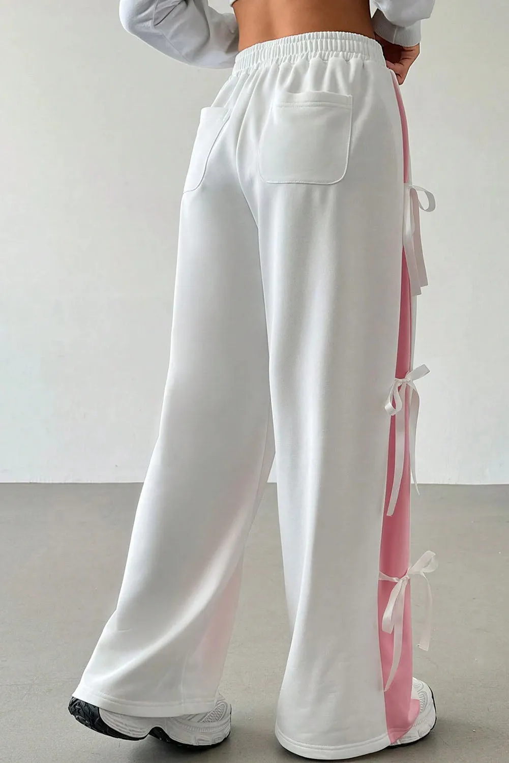 White Elastic Waist Colorblock Patchwork Side Bowtie Wide Leg Pants