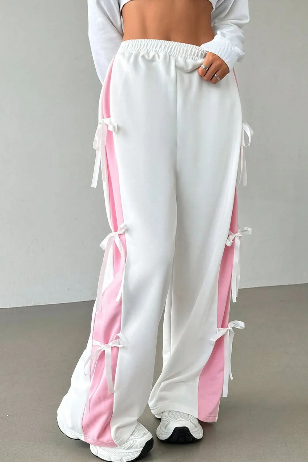 White Elastic Waist Colorblock Patchwork Side Bowtie Wide Leg Pants
