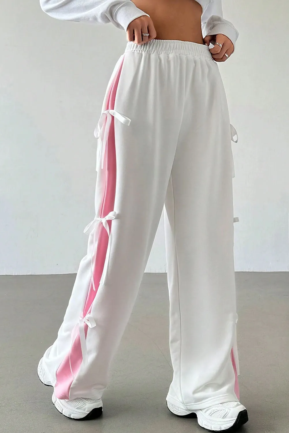 White Elastic Waist Colorblock Patchwork Side Bowtie Wide Leg Pants