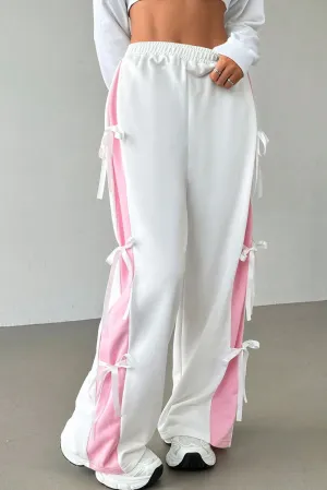 White Elastic Waist Colorblock Patchwork Side Bowtie Wide Leg Pants