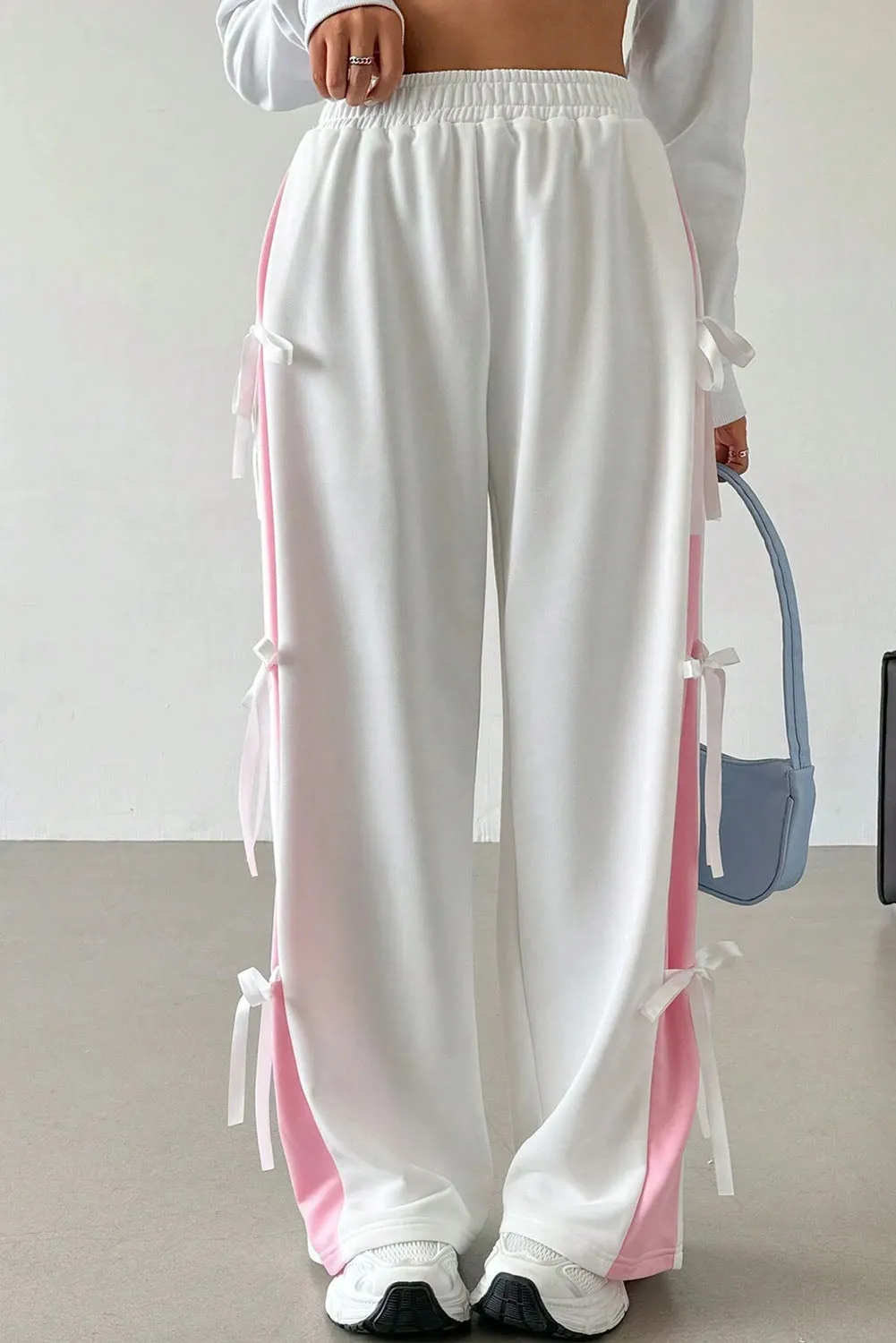 White Elastic Waist Colorblock Patchwork Side Bowtie Wide Leg Pants