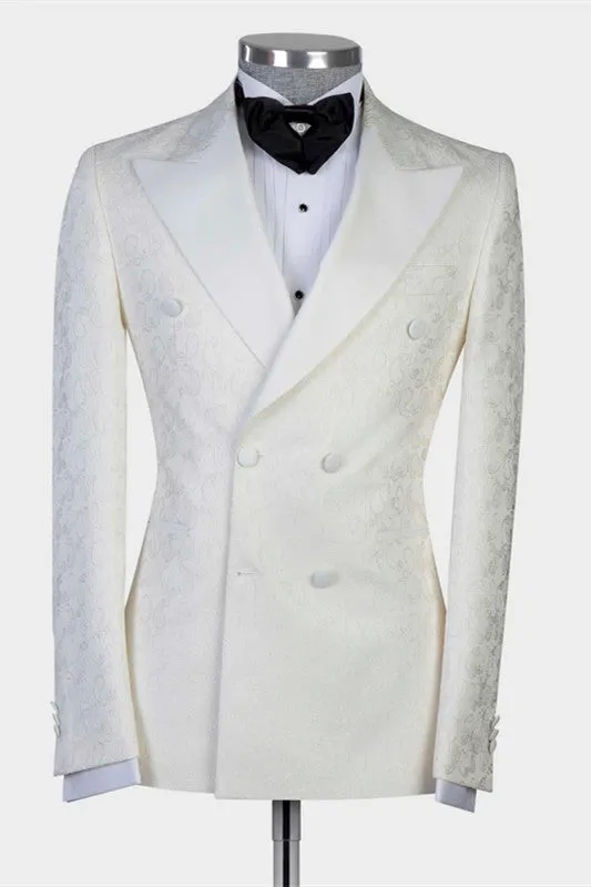 White Jacquard Double Breasted Peaked Lapel Wedding Suit for Men