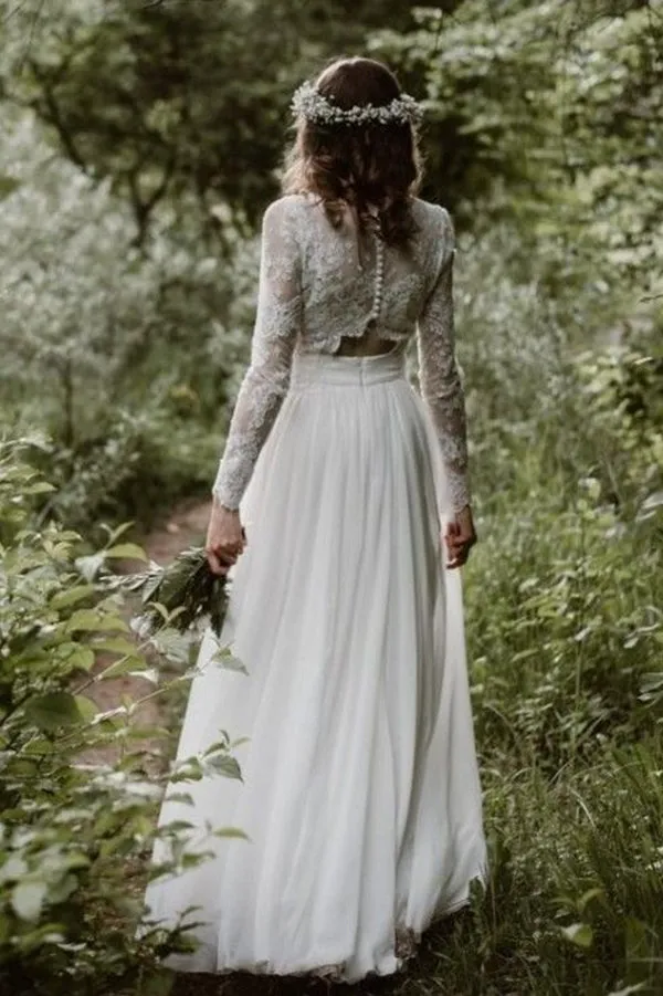 White Lace A-line Two Piece Long Sleeves Wedding Dresses with Button, SW359