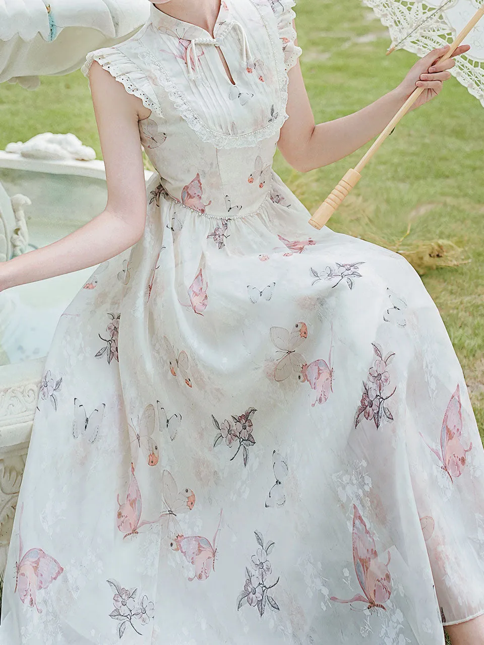 White Ruffles Sleeve Butterfly Print 1950S Vintage Dress