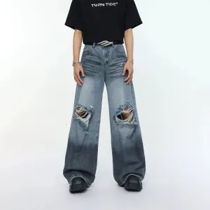 Wide-Leg Ripped Denim Jeans