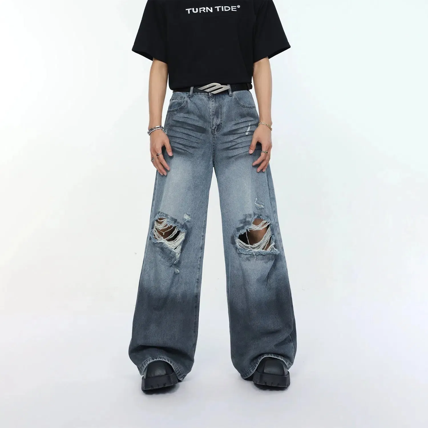 Wide-Leg Ripped Denim Jeans