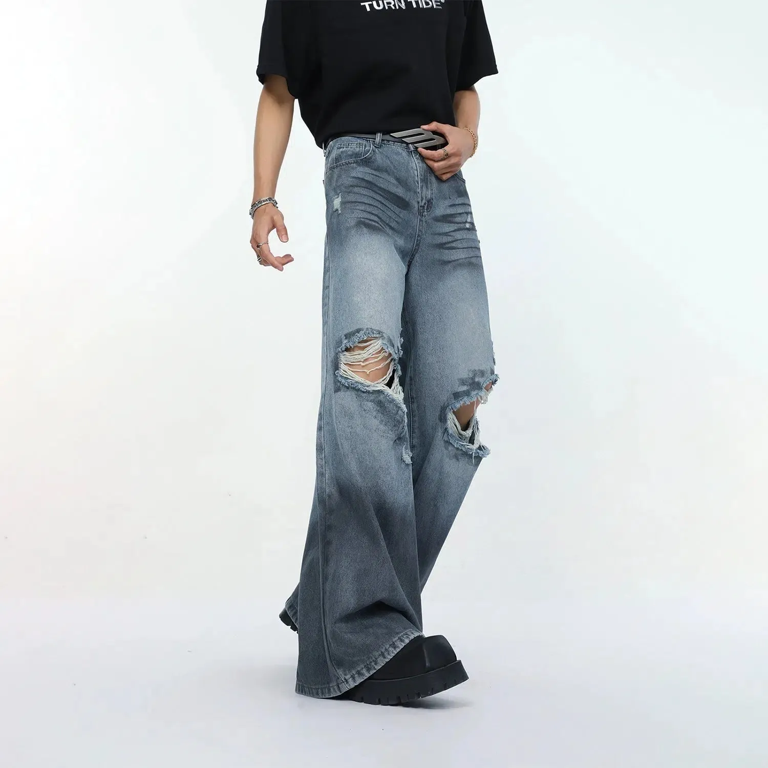 Wide-Leg Ripped Denim Jeans