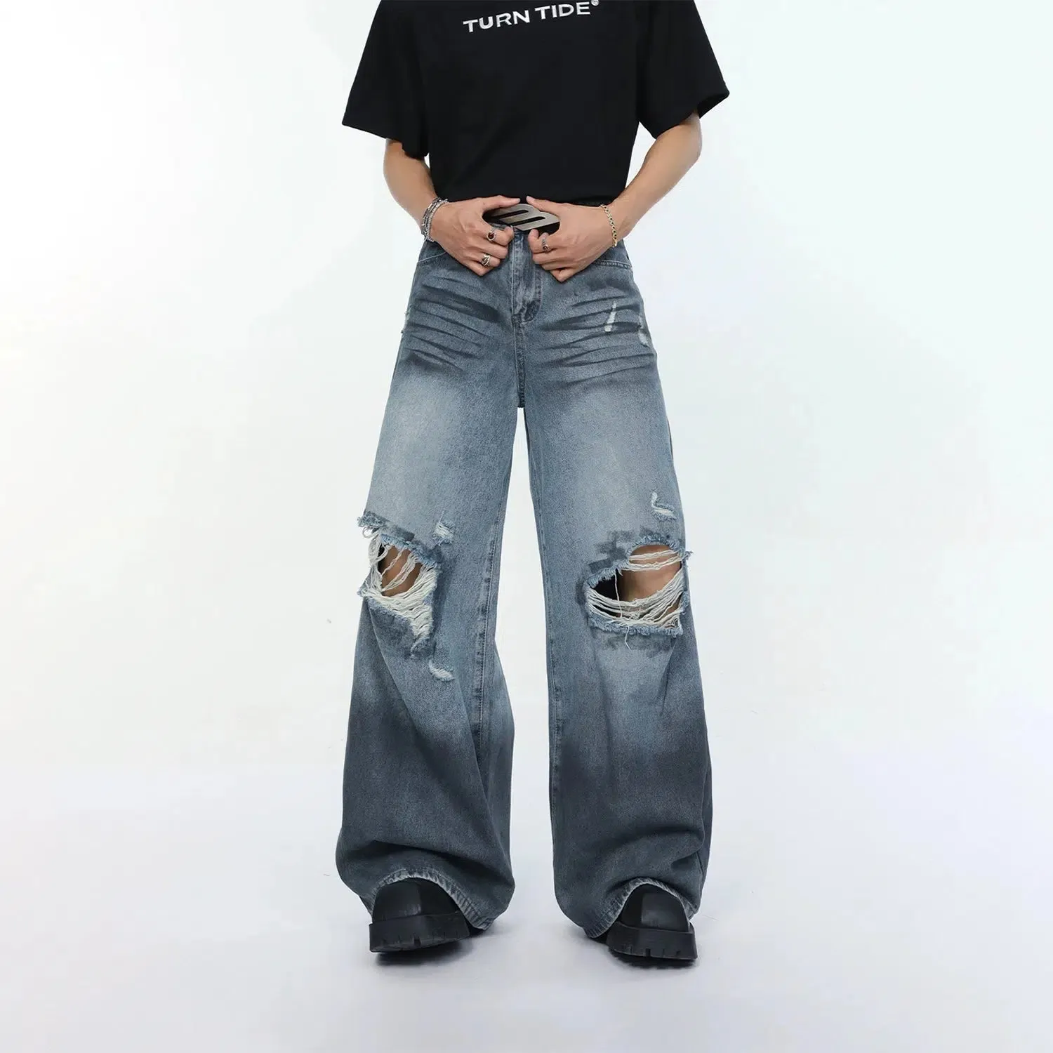 Wide-Leg Ripped Denim Jeans