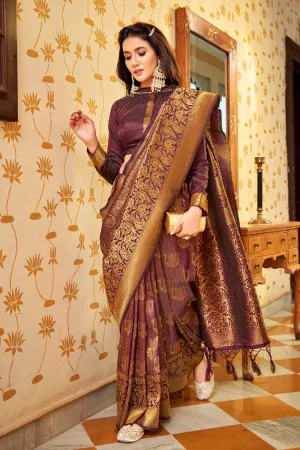Wine Colour Soft Handloom Zari Weaving Silk Saree