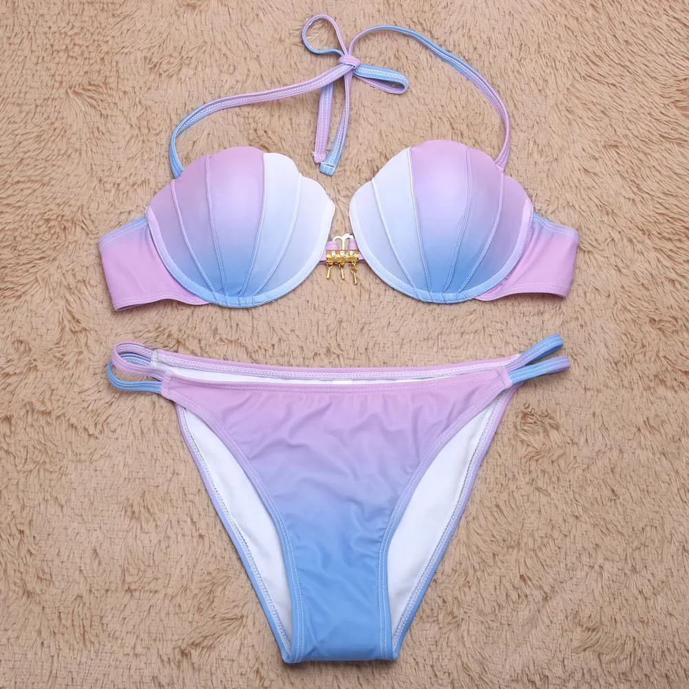 Women Bikinis Set White Blue Gradient Swimming Swim Two Piece Suit  B021